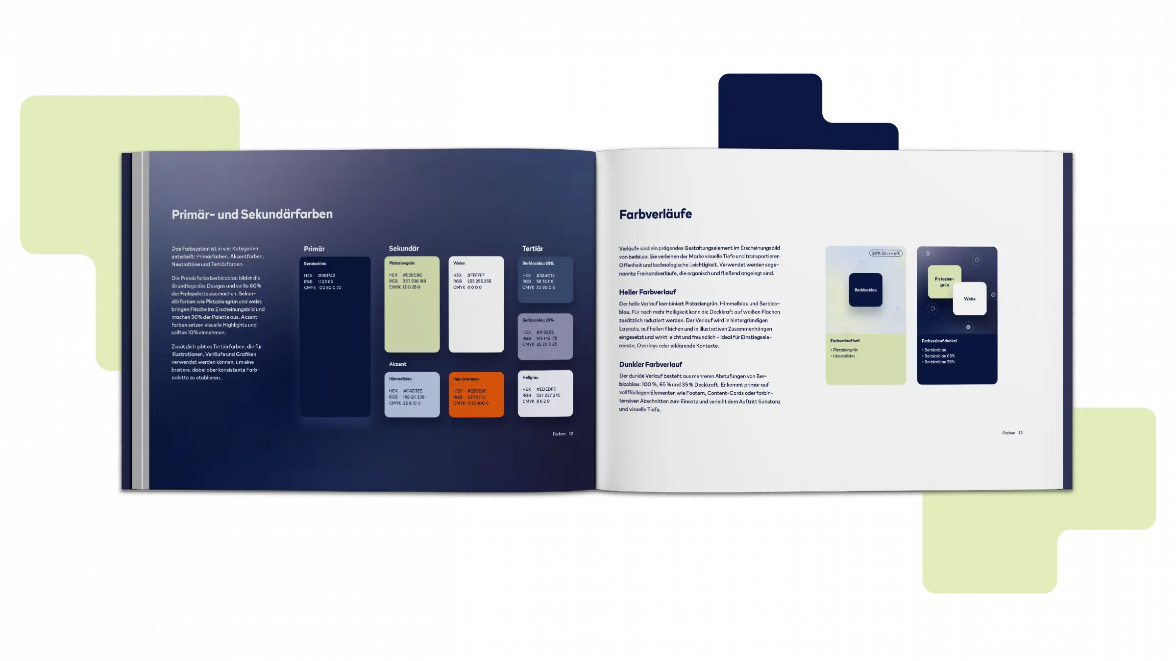 Doppelseite eines Styleguides mit prim&auml;ren, sekund&auml;ren und terti&auml;ren Farben der Marke &bdquo;berbi.co&ldquo; sowie Anwendungshinweisen f&uuml;r Farbverl&auml;ufe.