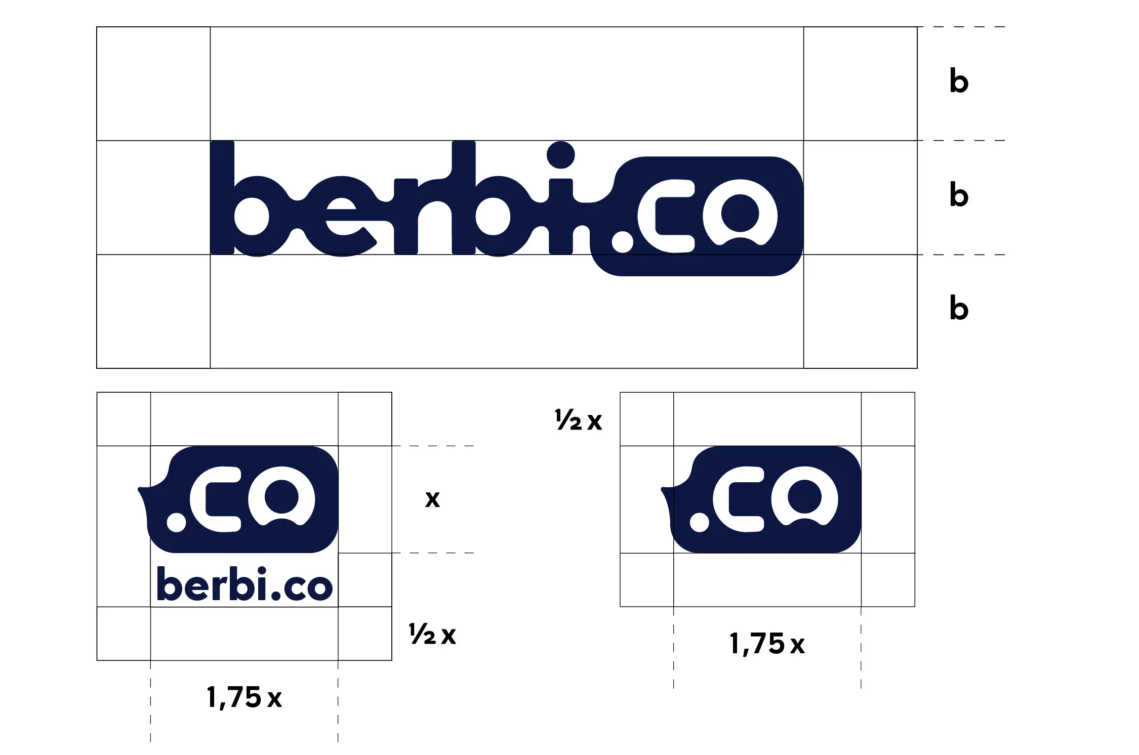 Technische Darstellung der Logokonstruktion von &bdquo;berbi.co&ldquo; mit Angaben zu Schutzabst&auml;nden und Gr&ouml;&szlig;enverh&auml;ltnissen.