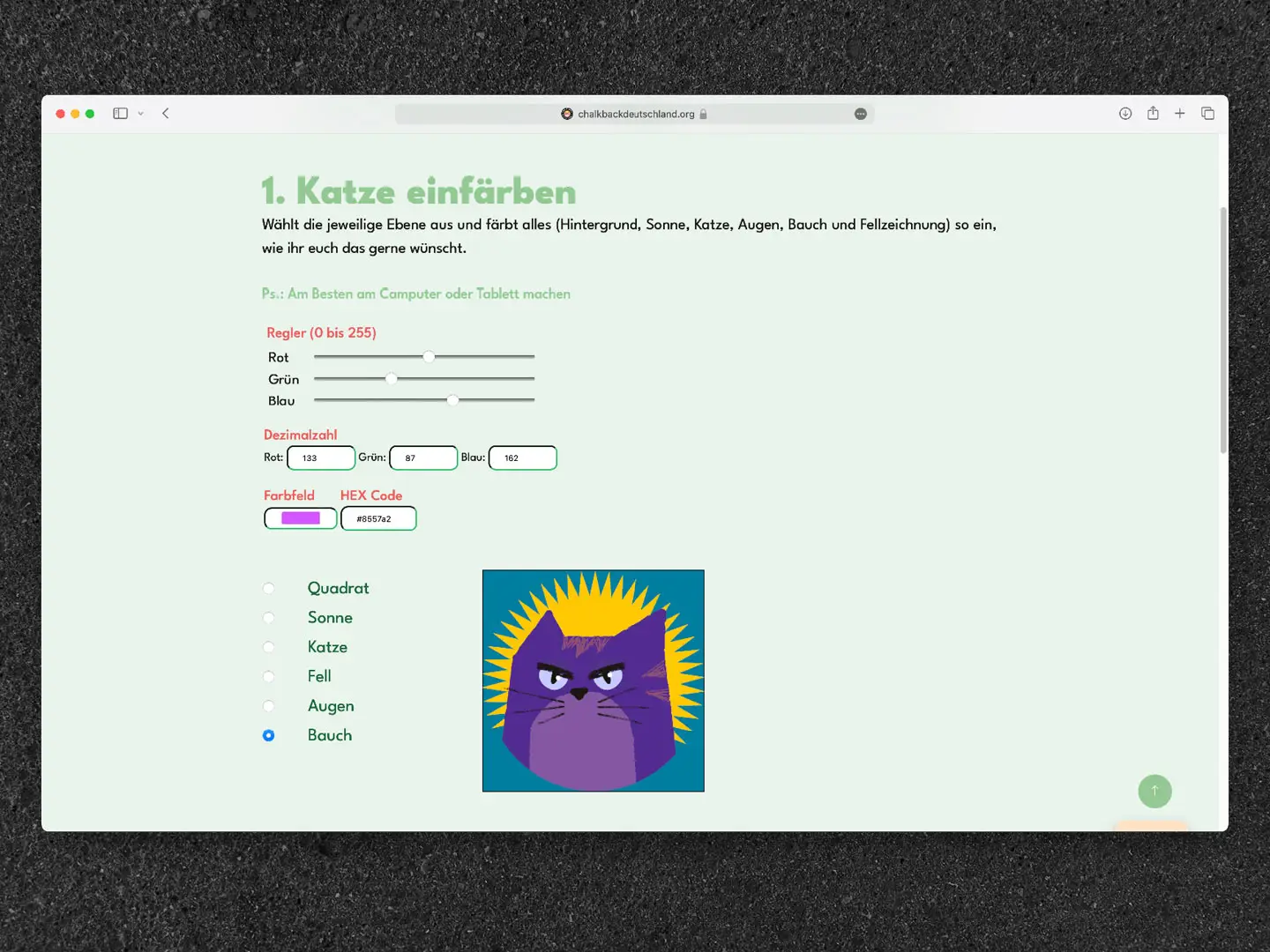 Screenshot eines Webtools mit der Überschrift ‚Katze einfärben‘, in dem Nutzer:innen die Farben einzelner Katzen-Elemente wie Hintergrund, Augen oder Bauch individuell auswählen können.