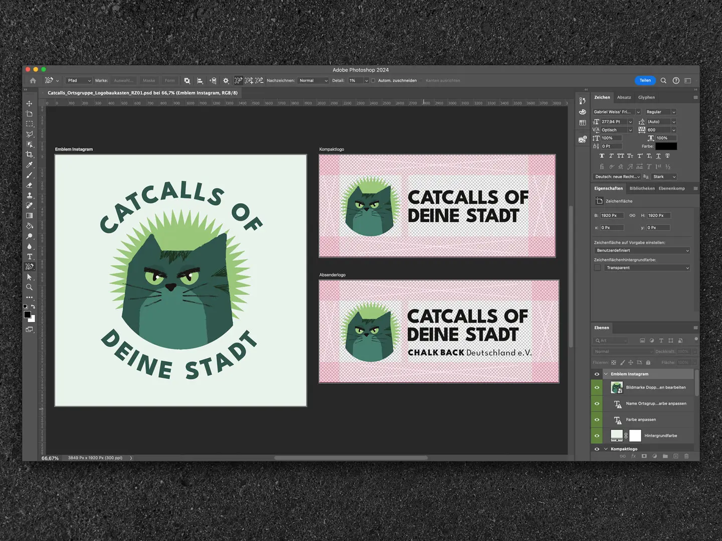 Ansicht eines Designprogramms mit mehreren Varianten des Logos ‚CATCALLS OF DEINE STADT‘ mit Katzen-Illustration, vorbereitet für unterschiedliche Formate wie Profilbilder und Social-Media-Banner.