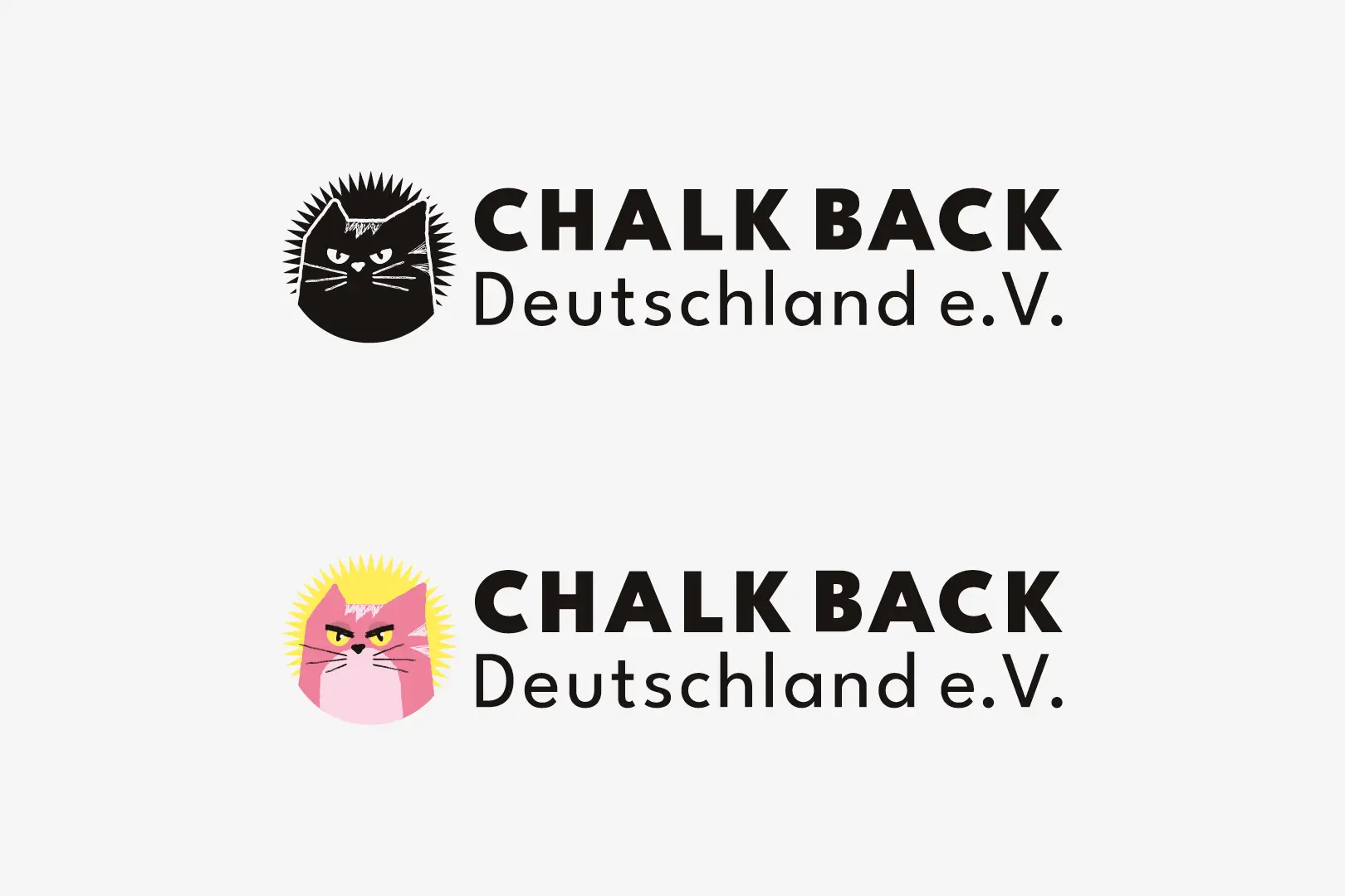 Schriftzug ‚Chalk Back Deutschland e.V.‘ in schwarzer, serifenloser Großbuchstaben-Typografie auf weißem Hintergrund und Stark vereinfachte Version des Chalk Back Logos, bestehend aus einem stilisierten Kreide-Icon und dem Schriftzug ‚Chalk Back‘ in schwarzer, serifenloser Schrift
