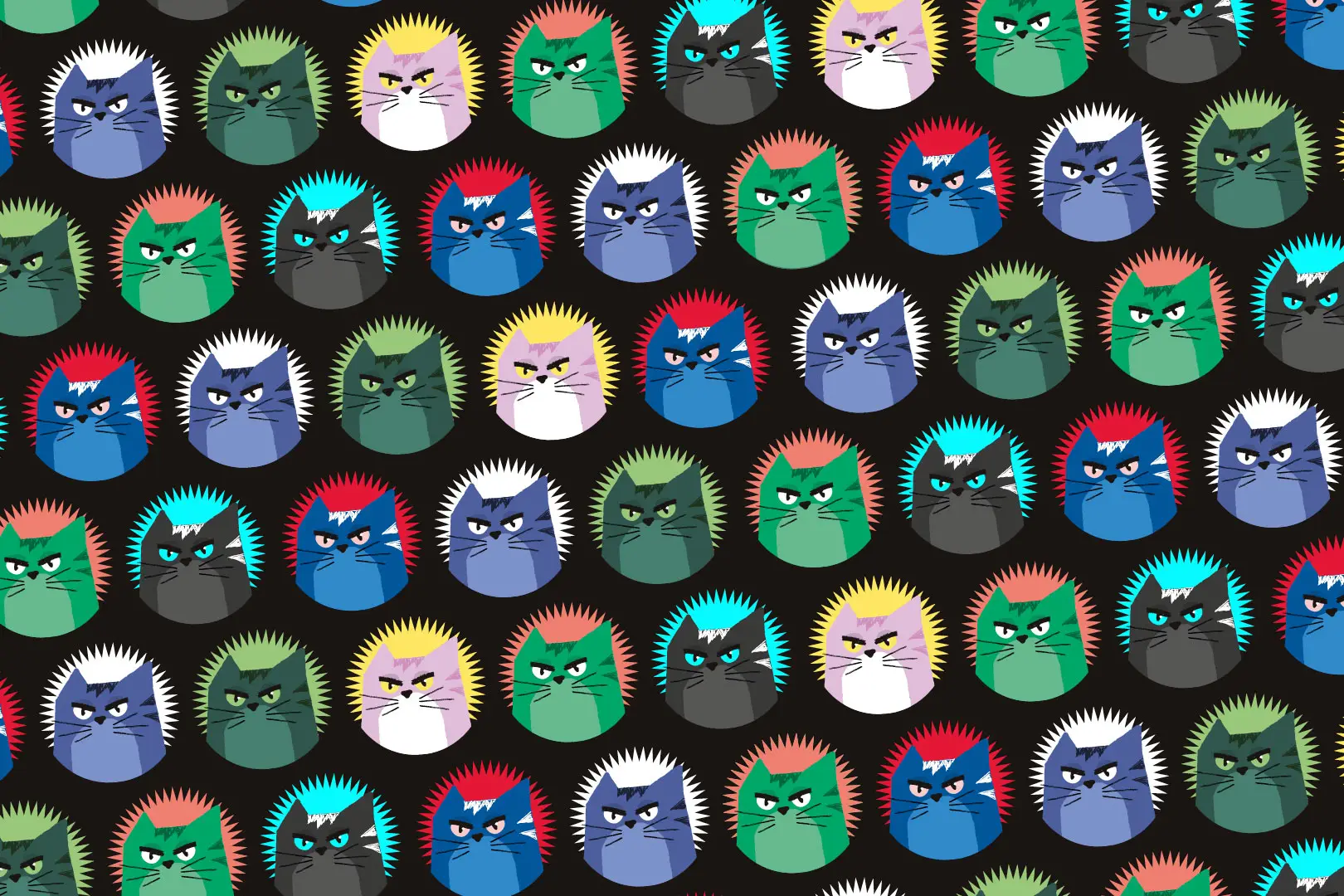 Raster aus bunten Katzen-Logos mit unterschiedlichen Gesichtsausdrücken und Farbvarianten auf schwarzem Hintergrund, jeweils mit farbigem Zackenmuster im Hintergrund.