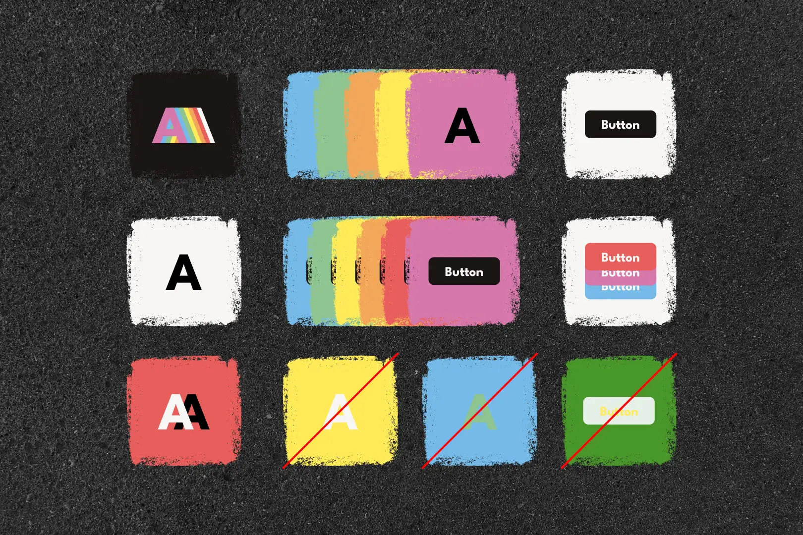 Rasterdarstellung verschiedener Farbpaletten und kontrastreicher Design-Elemente wie Icons und Typografie für barrierearme Gestaltung