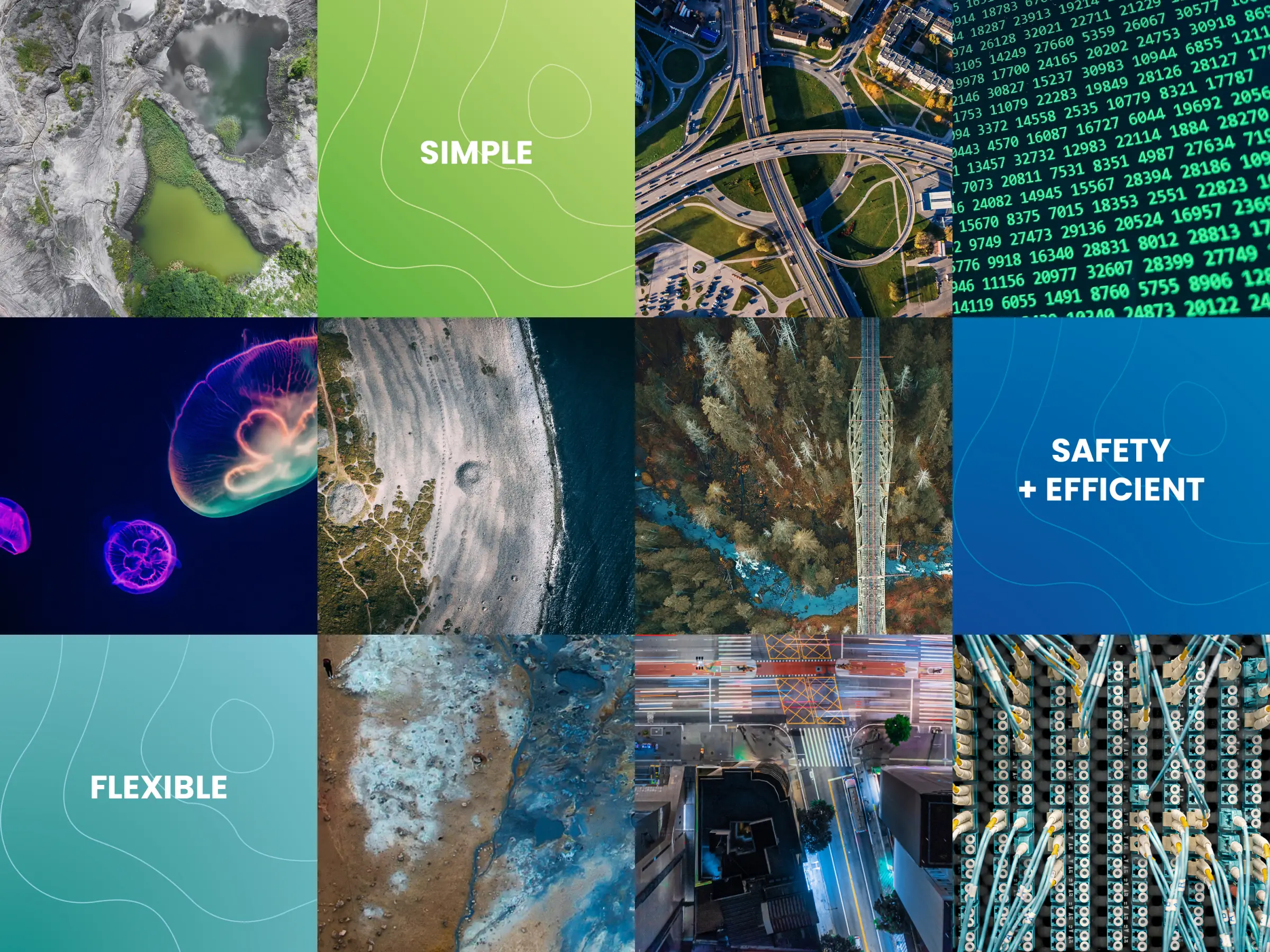 Raster mit neun Feldern, die Satellitenbilder, Datenvisualisierungen und Schlagworte wie &sbquo;Simple&lsquo;, &sbquo;Flexible&lsquo; und &sbquo;Safety + Efficient&lsquo; zeigen.
