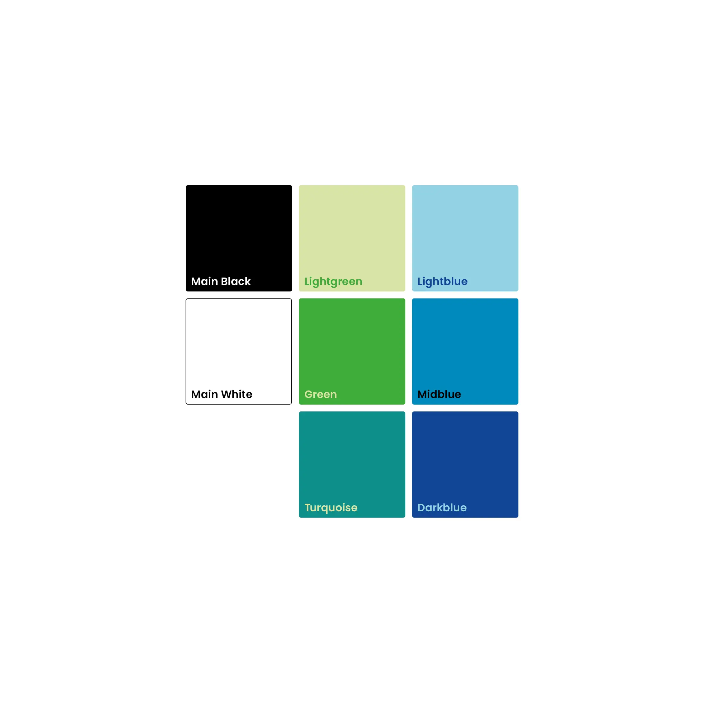 &Uuml;bersicht der Markenfarben von Geo Engine mit Farbfl&auml;chen und Beschriftungen wie &sbquo;Main Black&lsquo;, &sbquo;Lightgreen&lsquo;, &sbquo;Turquoise&lsquo; und &sbquo;Darkblue&lsquo;