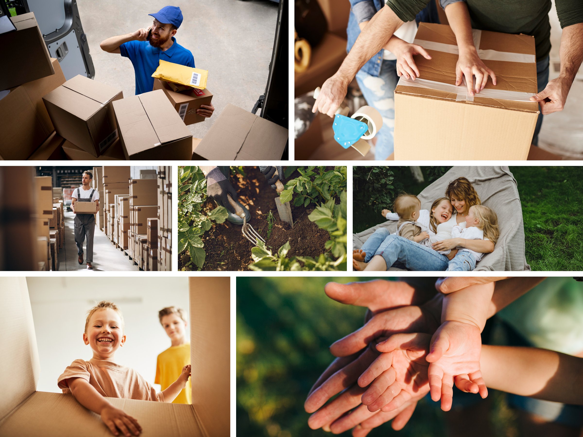 ine Collage aus Bildern der B2C-Welt, darunter ein Paketbote, Personen, die ein Paket packen, Familien im Grünen