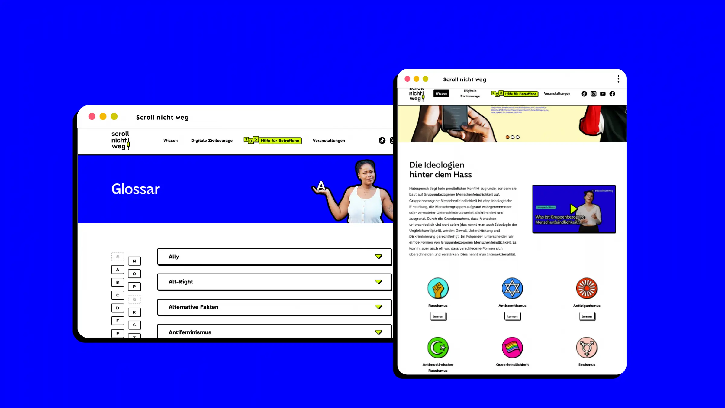 zwei Screenshots der Website www.scrollnichtweg.de