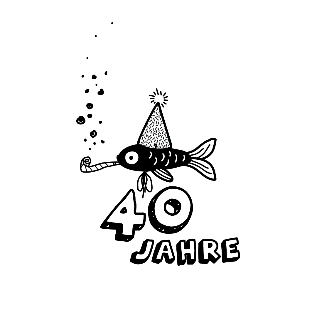 Illustration eines feiernden Fisches mit Partyh&uuml;tchen und Tr&ouml;te, darunter gro&szlig; die Zahl &sbquo;40&lsquo; und das Wort &sbquo;Jahre&lsquo;, stilisiert in handgezeichneter Typografie.