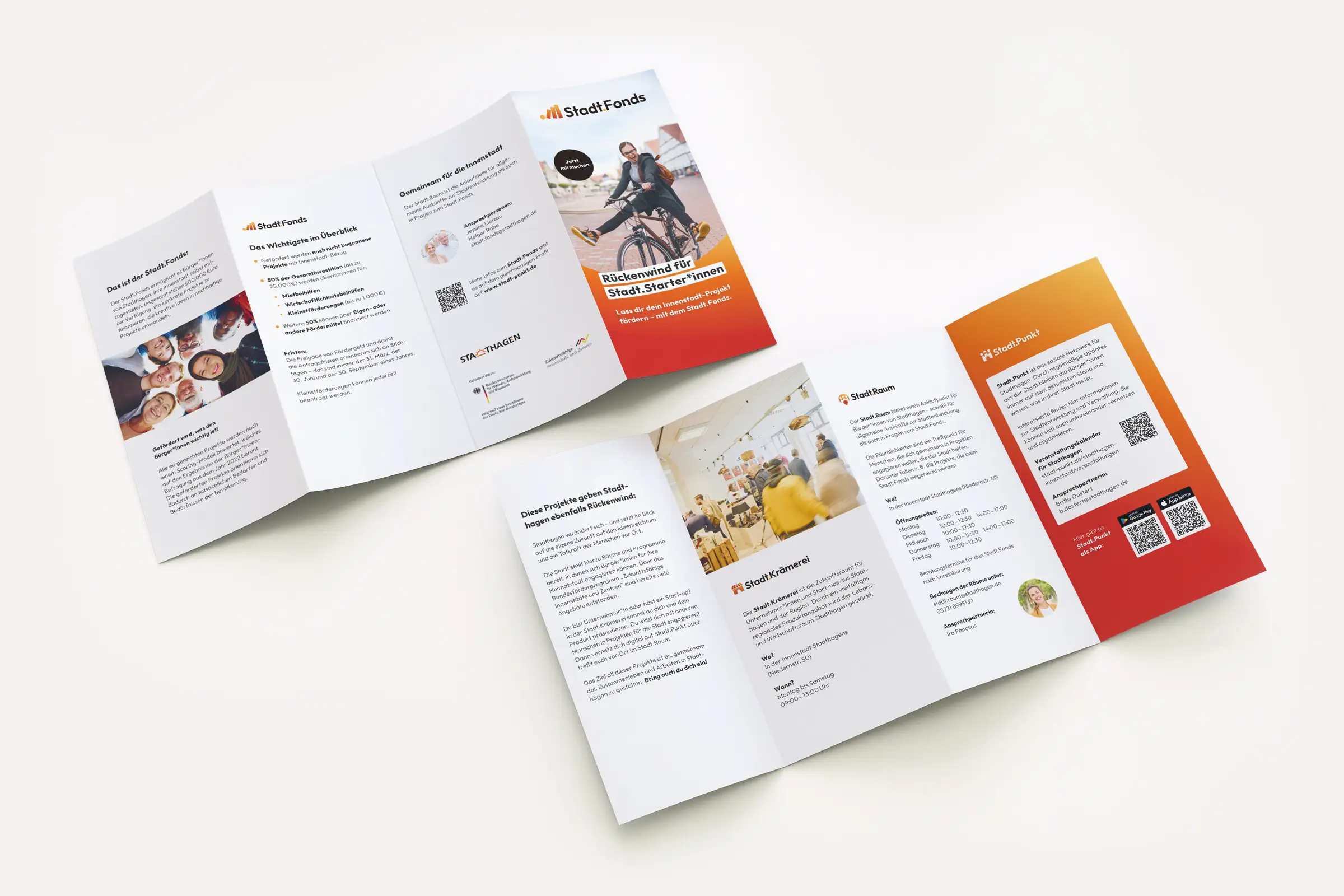 Eine Abbildung von einer Vorder- und R&uuml;ckseite eines informativen, 8 seitigen Wickelflyers von der Submarke Stadt.Fonds.