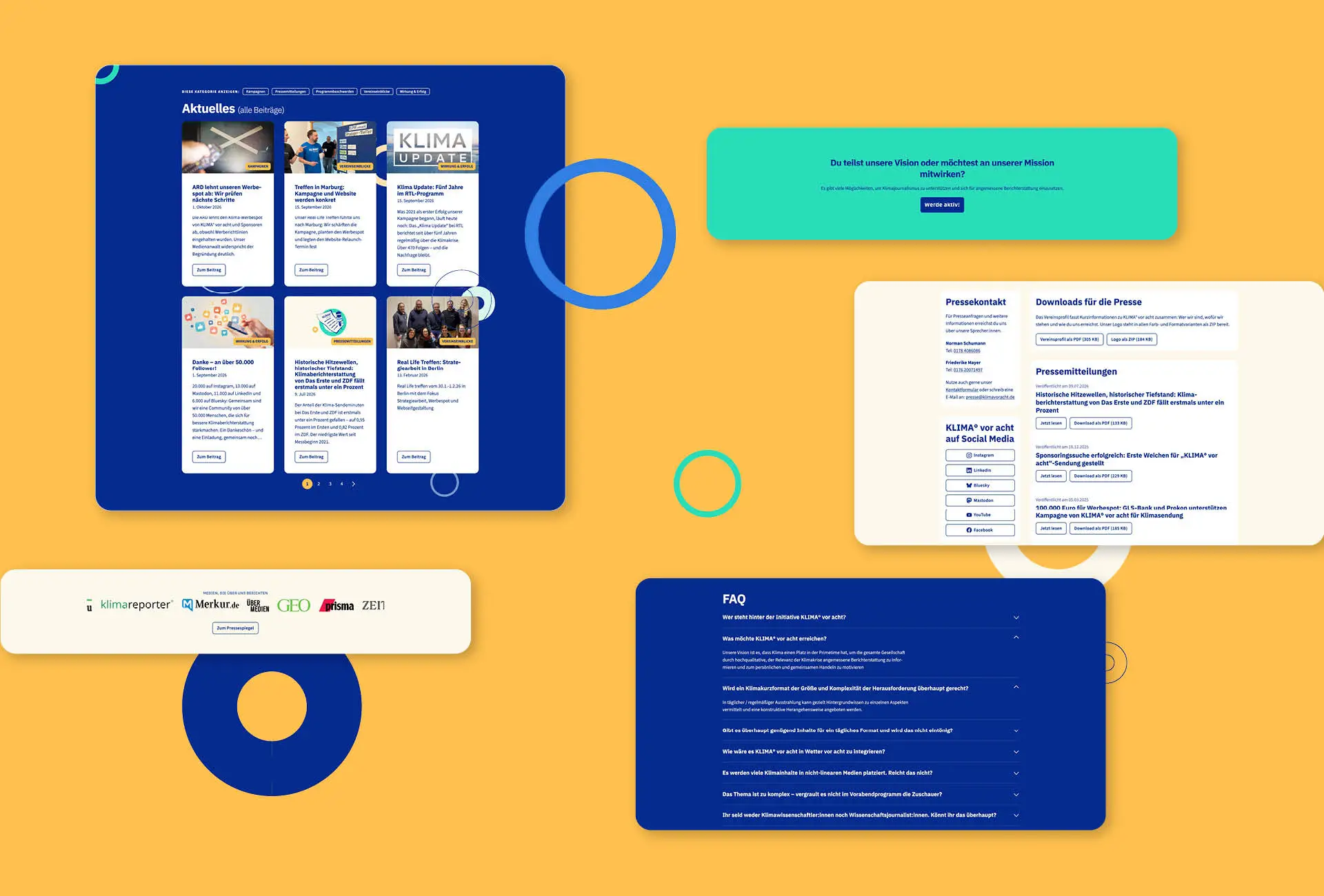 &Uuml;bersicht &uuml;ber mehrere Webseiten-Elemente und Informationsbereiche auf gelbem Grund