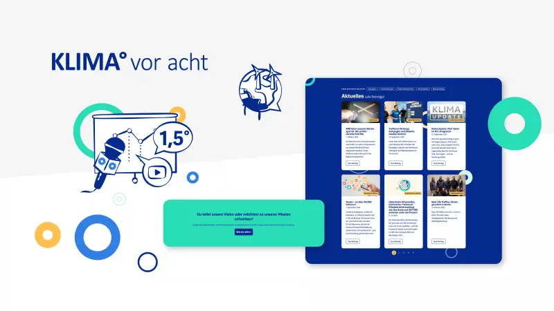 Das Logo von KLIMA vor acht, darunter und daneben je eine Illustration, daneben zwei Webseiten-Elemente.